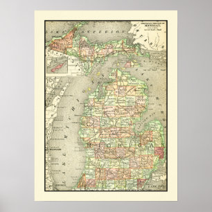 Michigan Farbige Antiquitätenkarte Staat & Landkre Poster