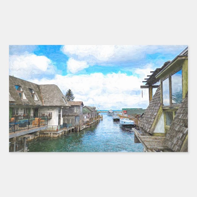 Michigan Fish Town Malerei Rechteckiger Aufkleber (Vorderseite)