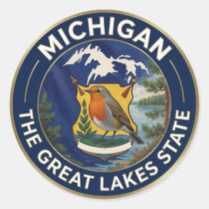 🌊 Michigan-Flagge und Amerikanische Rotkehlchen G Runder Aufkleber
