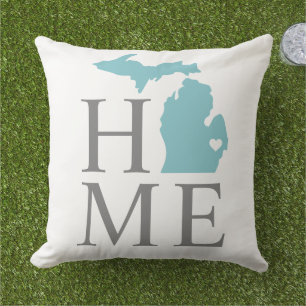 Michigan Home Aqua State Grauer Text Kissen