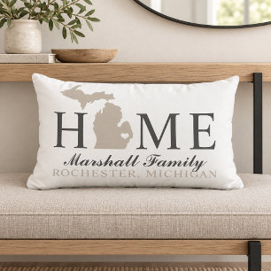 Michigan Home White Beige Familie Stadt Monogramm Lendenkissen