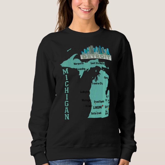 Michigan Karte der wichtigsten Städte mit City Sky Sweatshirt (Vorderseite)