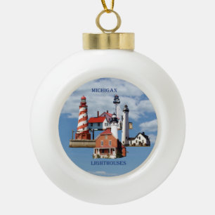 Michigan-Leuchtturm um oder Schneeflockeverzierung Keramik Kugel-Ornament