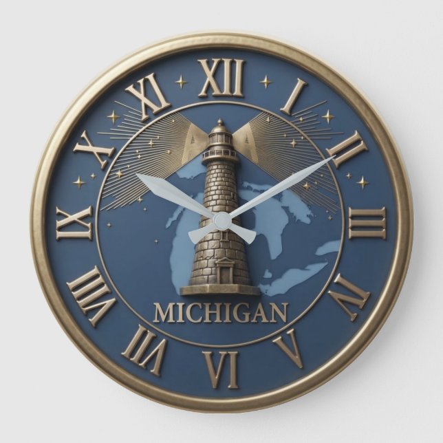 Michigan Lighthouse and State Map  Große Wanduhr (Vorderseite)