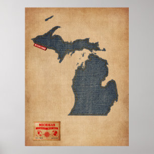 Michigan Map Denim Jeans Style Poster