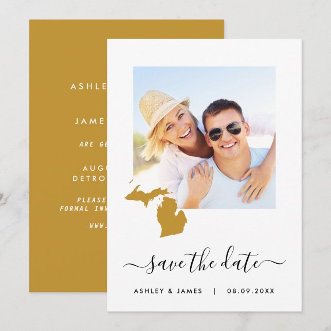 Michigan Map Foto Wedding Save the Date Card (Vorne/Hinten)