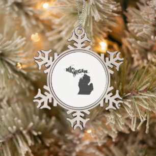 Michigan Map Shaped Michigander Black Word Art Schneeflocken Zinn-Ornament