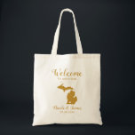 Michigan Map Wedding Welcome Bag, Gold Tragetasche<br><div class="desc">Hochzeitswochenende Begrüßungsgeschenktasche für Gäste aus der Stadt, um Ihre Hochzeit, mit dem Bild von Michigan, mit Herz können Sie an der genauen Stelle platzieren. Fülle die Tasche mit deinen Lieblingsgoodies.</div>