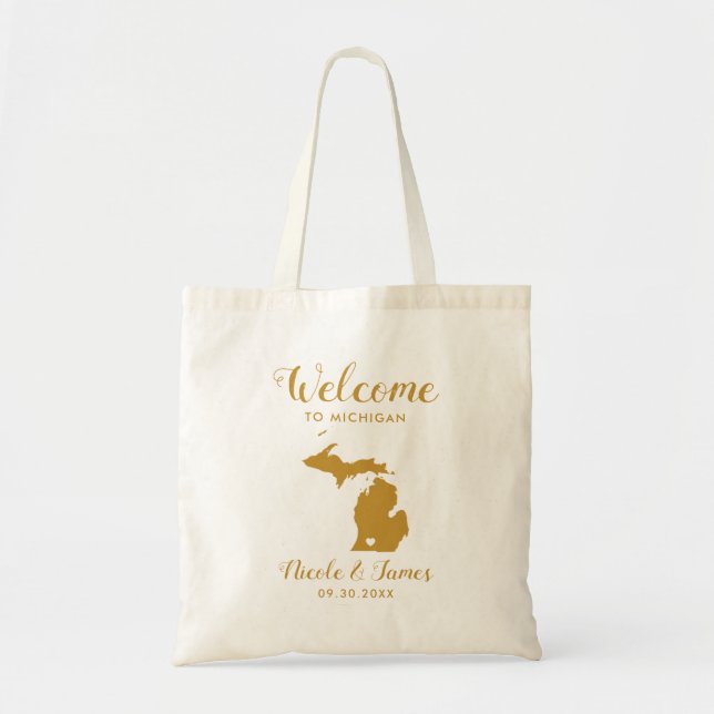 Michigan Map Wedding Welcome Bag, Gold Tragetasche (Vorne)