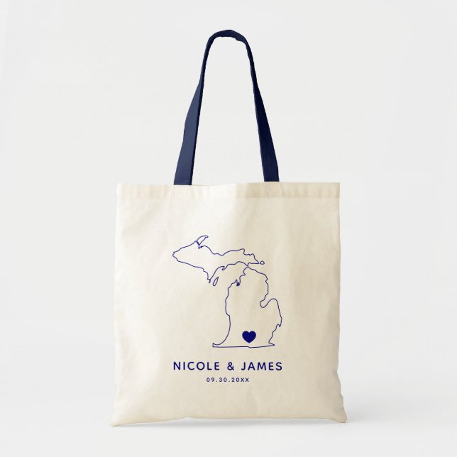 Michigan Map Wedding Welcome Bag Tasche, Navy Tragetasche (Vorne)