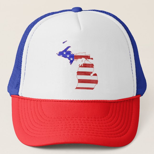 Michigan Patriotic Staat Shaped American Flag Truckerkappe (Vorderseite)