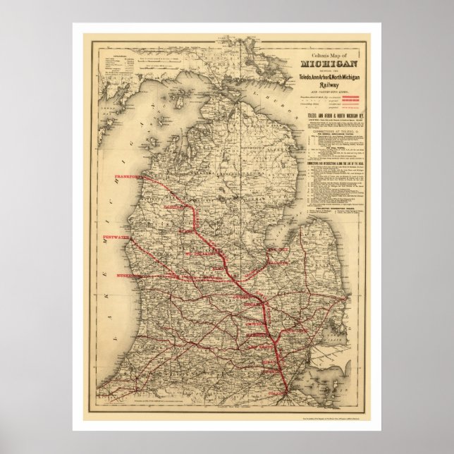Michigan Railroad Train Map 1886 Poster (Vorne)
