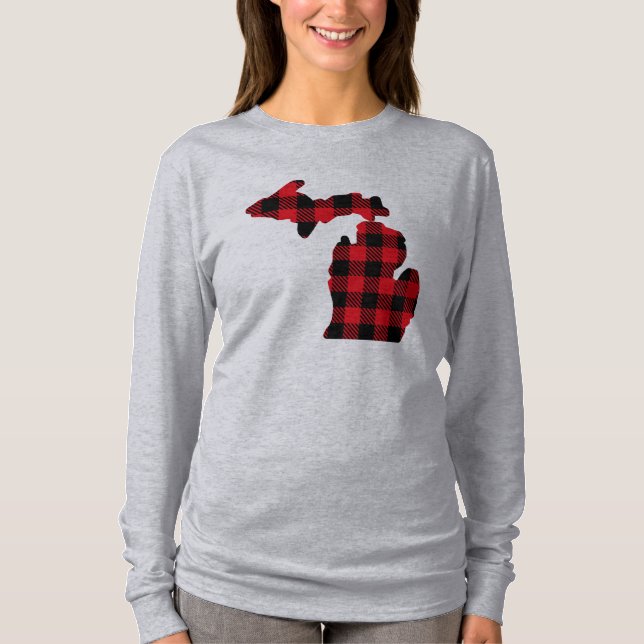 Michigan Red-Black Kariert Map Long Sleeve T-Shirt (Vorderseite)