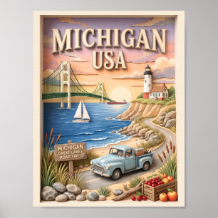 Michigan Roadtrip Mackinac Bridge Oldtimer-LKW Poster
