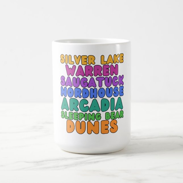 Michigan-Sanddünen-Regenbogen-Blasenbuchstaben-Tas Kaffeetasse (Mittel)