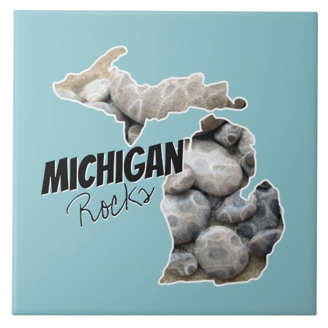 Michigan-Silhouette mit Petoskey-Steinen gefüllt Fliese (Vorderseite)