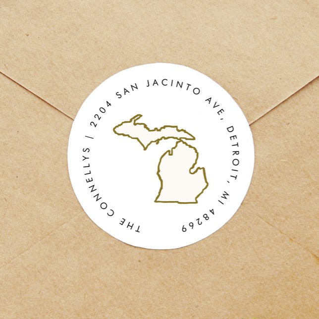 Michigan Staat Rücksendeadressen-Aufkleber Runder Aufkleber (Michigan state illustration round sticker return address labels.)