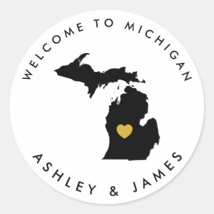 Michigan Wedding Welcome Sticker Tag, Black & Gold