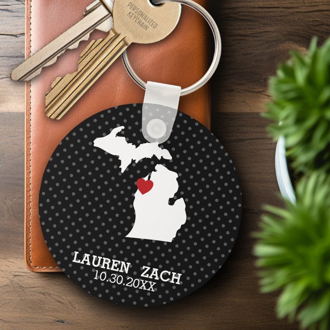 Michigan Zuhause Staat City Map - Custom Wedding Schlüsselanhänger (Personalized Keychain - Michigan Wedding Favor)