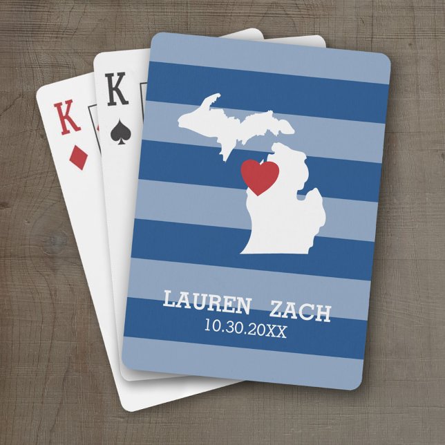Michigan Zuhause Staat City Map - Custom Wedding Spielkarten (Personalized Playing Cards with a State Map, Movable Heart and Name)
