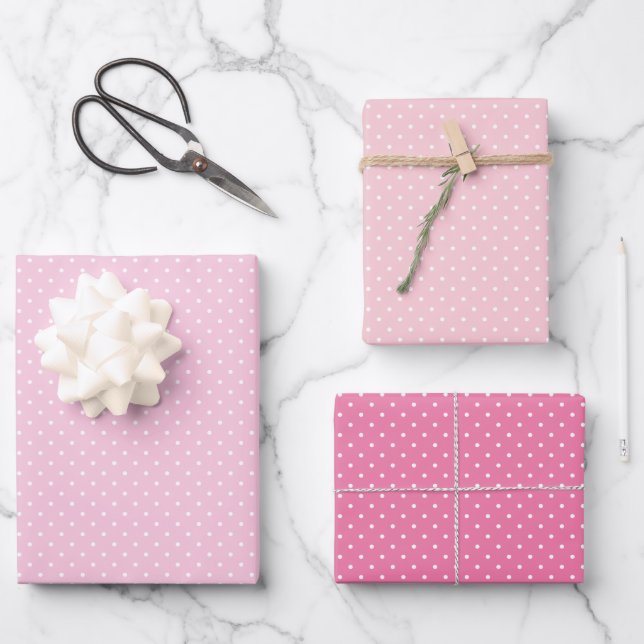 Micro Polka Dot White - 3 Pink Geschenkpapier Set (Vorderseite)