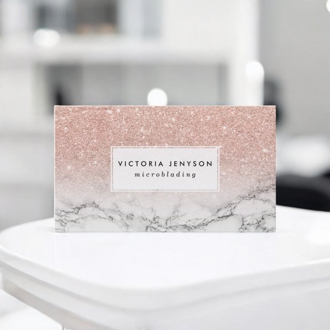 Microblading Imitats Rose Rosa Glitzer weißer Marm Visitenkarte (Microblading faux rose pink glitter white marble business card)