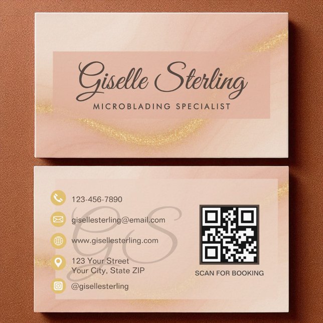 Microblading Watercolor Gold Monogram QR Code Visitenkarte (Von Creator hochgeladen)