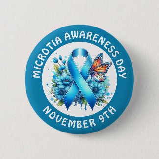 Microtia Blue Awareness Day Ribbon and Butterfly Button