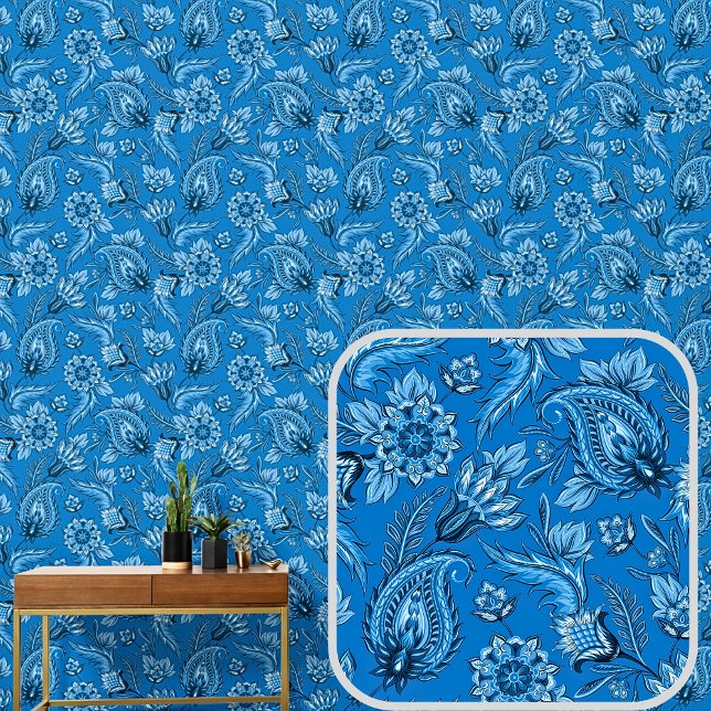 Mid Aquamarin Aqua Blue Floral Paisley Elegante Tapete (Von Creator hochgeladen)
