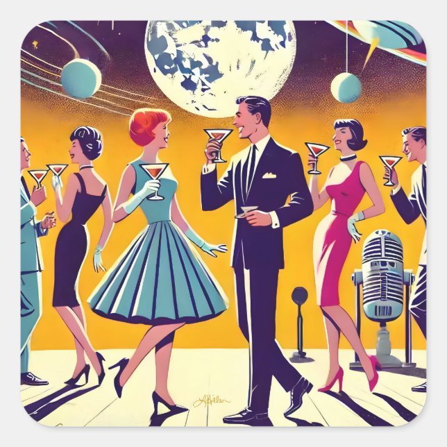 Mid Century 60s Space Age Cocktail Party Quadratischer Aufkleber (Vorderseite)