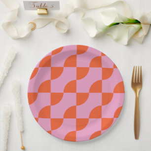 Mid Century Abstract Orange Halbkreise auf Rosa Pappteller