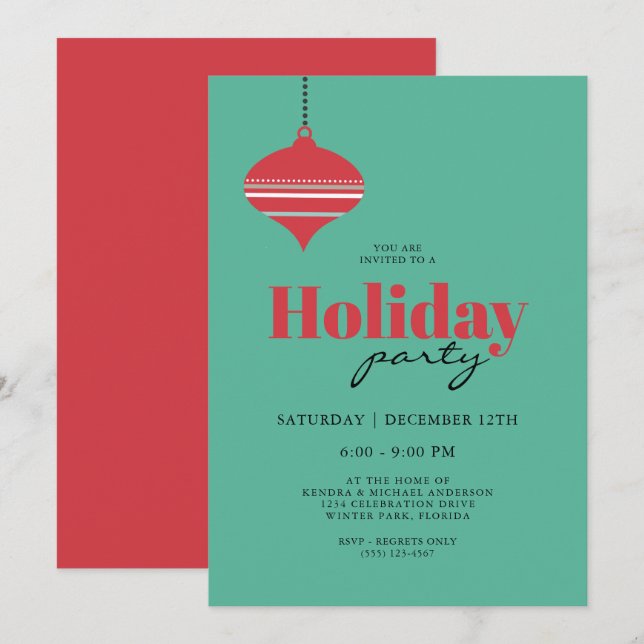 Mid Century Aquamarin und Coral Holiday Party Einladung (Vorne/Hinten)