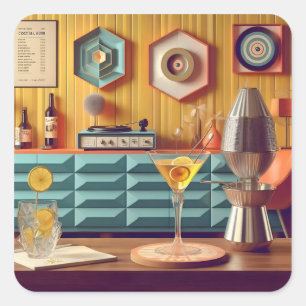 Mid-Century-Atom-Retro-Futuristischer-Partyraum Quadratischer Aufkleber
