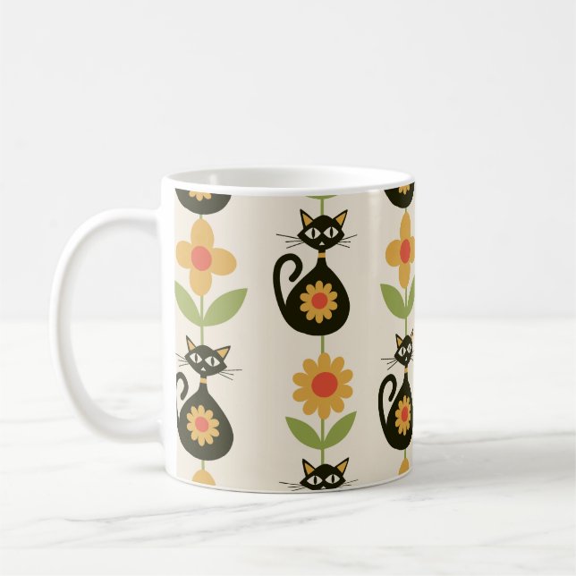 Mid Century Atomic Cats with Retro Orange flowers  Kaffeetasse (Links)