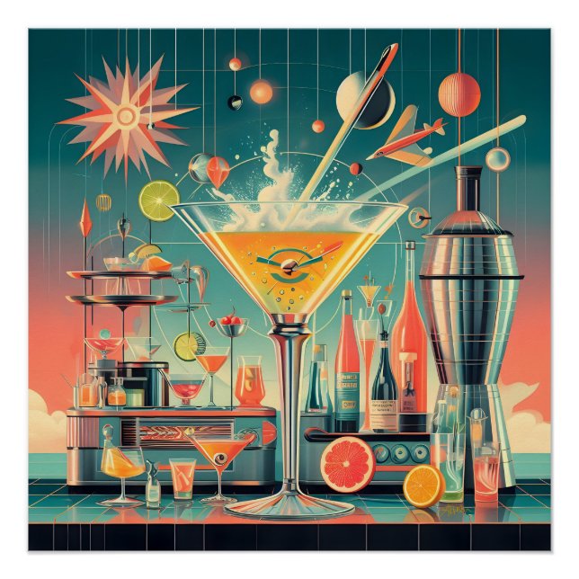 Mid Century Atomic Futuristische Citrus Martini Ba Poster (Vorderseite)