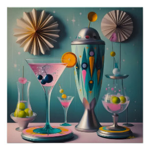Mid Century Atomic Futuristische Cocktail-Zeit Poster
