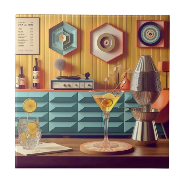 Mid Century Atomic Retro Futuristic Party Room Fliese (Vorderseite)