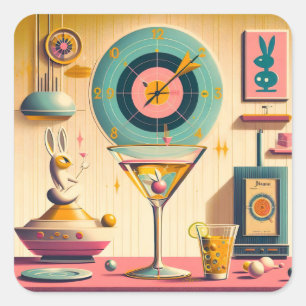 Mid Century Atomic Retro Futuristischer Kaninchen Quadratischer Aufkleber