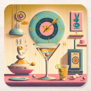 Mid Century Atomic Retro Futuristischer Kaninchen Rechteckiger Pappuntersetzer