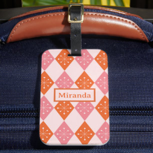 Mid Century Atomic Stars auf orangefarbenen pinken Gepäckanhänger