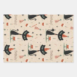     Mid-Century-Atomkatze-Geburtstagsmuster  Geschenkpapier Set
