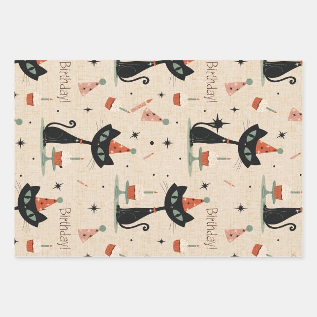     Mid-Century-Atomkatze-Geburtstagsmuster  Geschenkpapier Set (Vorderseite)