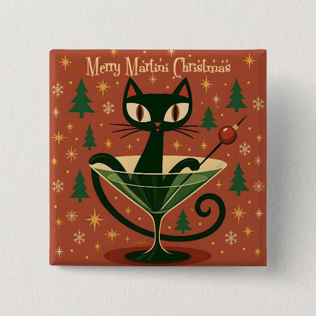 Mid Century Black Cat Merry Martini Christmas Button (Vorderseite)