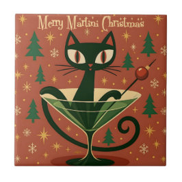 Mid Century Black Cat Merry Martini Christmas Fliese