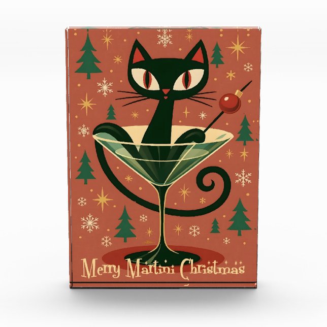 Mid Century Black Cat Merry Martini Christmas Fotoblock (Vorderseite)