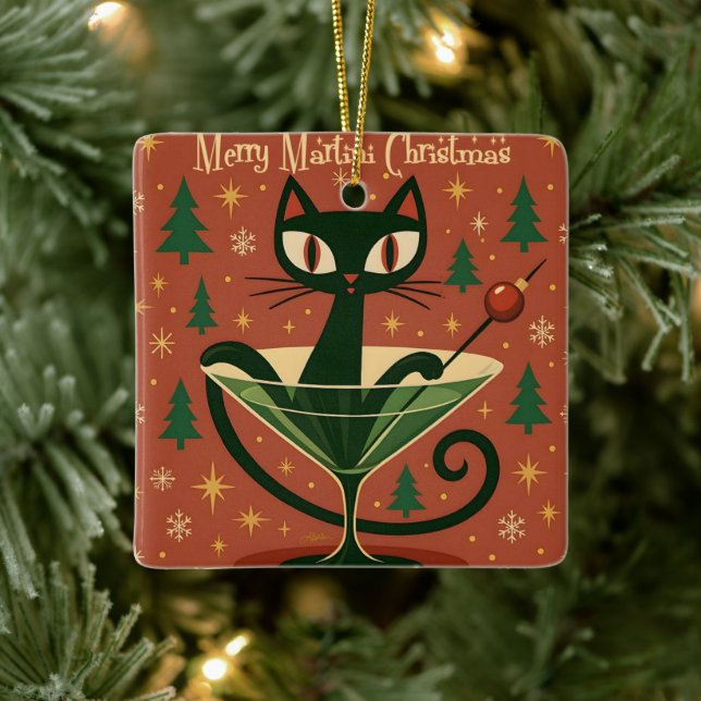 Mid Century Black Cat Merry Martini Christmas Keramikornament (Baum)