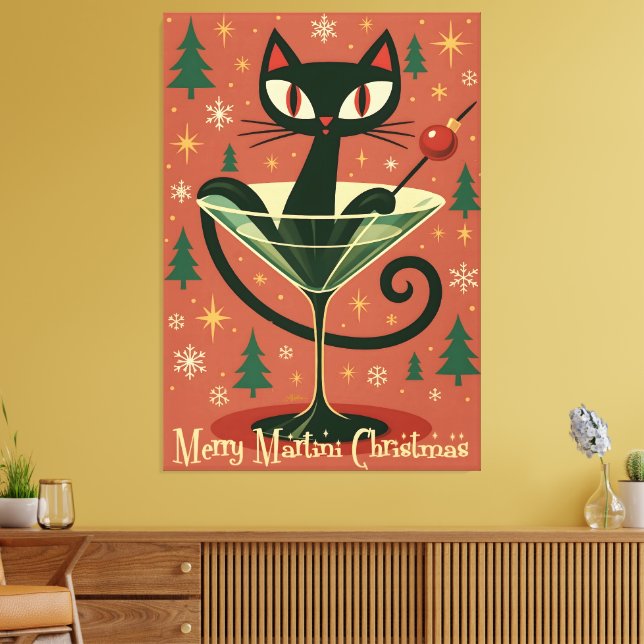 Mid Century Black Cat Merry Martini Christmas Leinwanddruck (Insitu (Wohnzimmer))