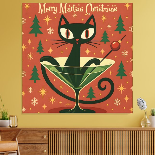 Mid Century Black Cat Merry Martini Christmas Leinwanddruck (Insitu (Wohnzimmer))