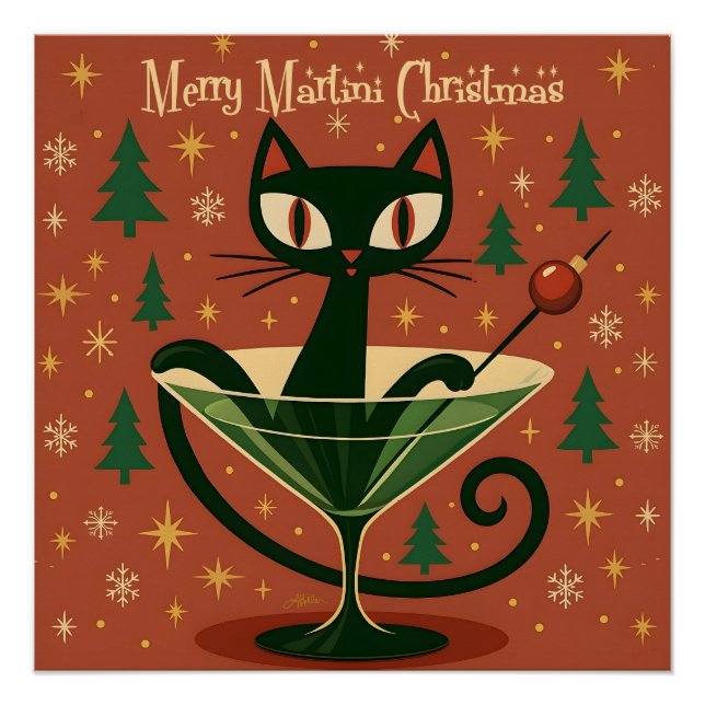 Mid Century Black Cat Merry Martini Christmas Poster (Vorderseite)