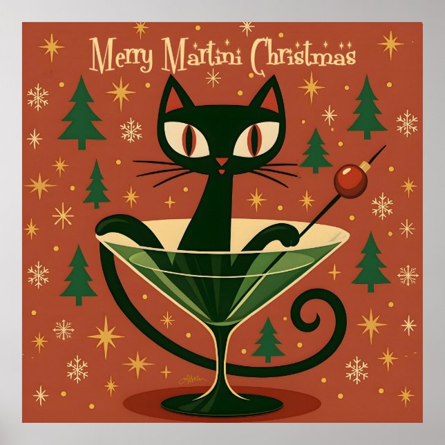 Mid Century Black Cat Merry Martini Christmas Poster (Vorne)